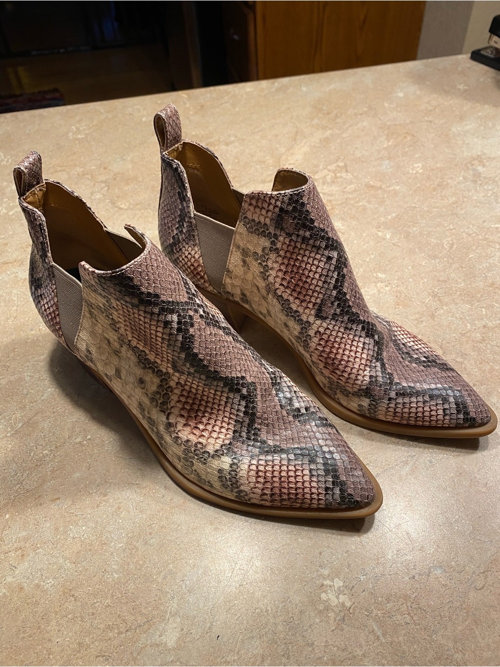 Pink Snake-Print Pointed Chelsea Ankle Booties